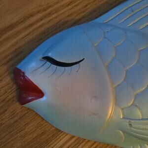 Vintage Miller Studio Chalkware Fish Wall Plaque Mid Century Kissing Blue 1960s